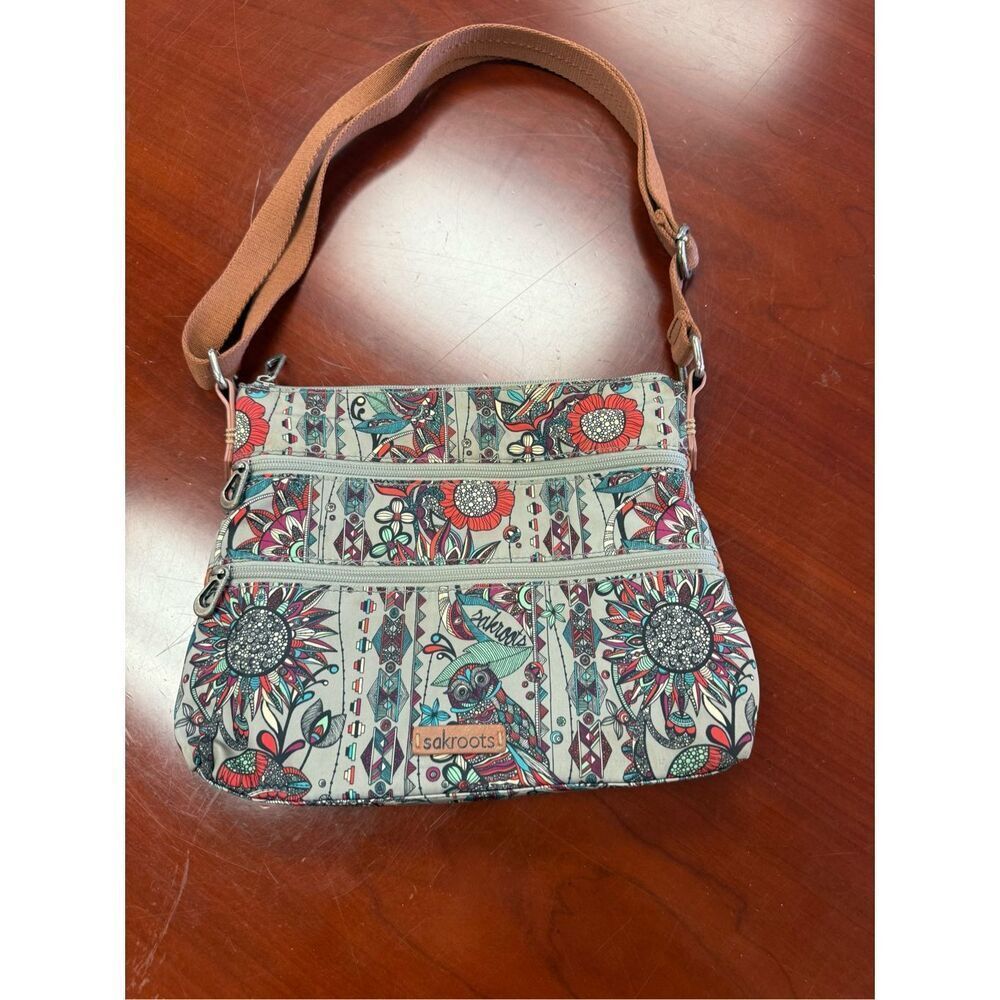 Sakroots Gray Owl Triple Zipper Crossbody Shoulder Bag